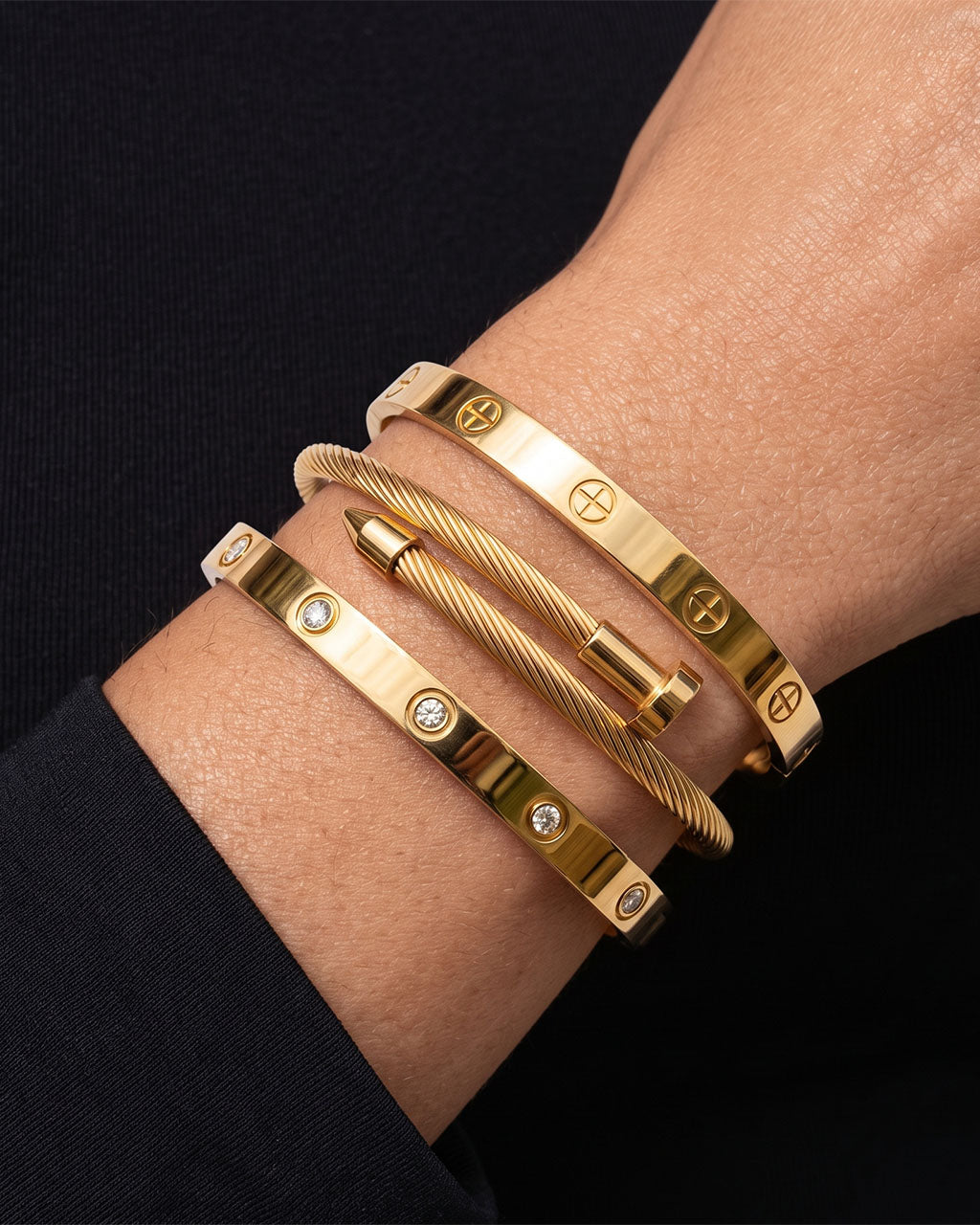 Sparkly Stone Nail Trio Gold Waterproof Bangle Bundle