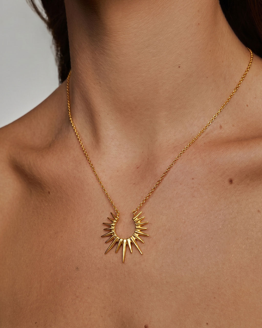 Spiked Sunburst Pendant Waterproof Gold Necklace