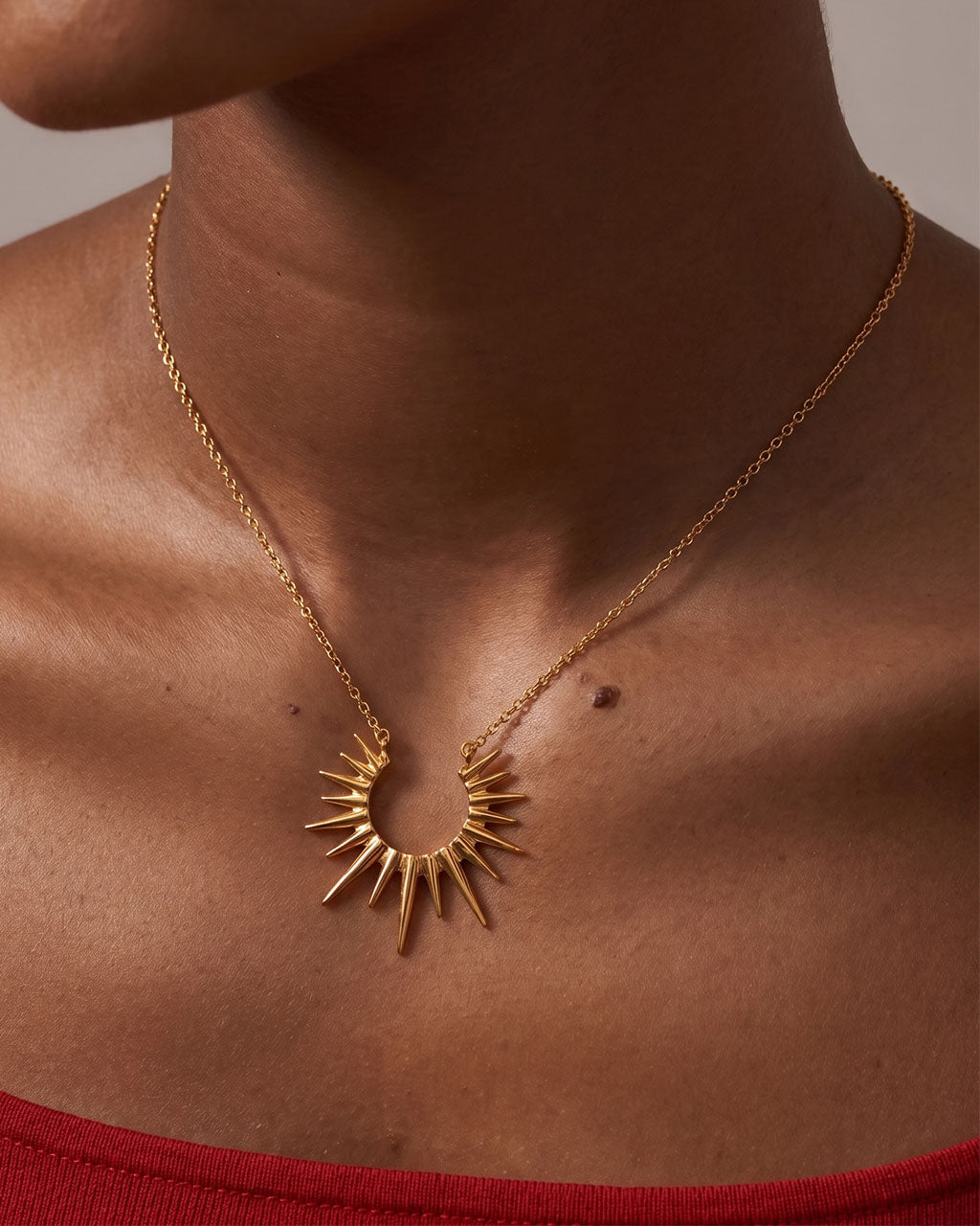 Spiked Sunburst Pendant Waterproof Gold Necklace