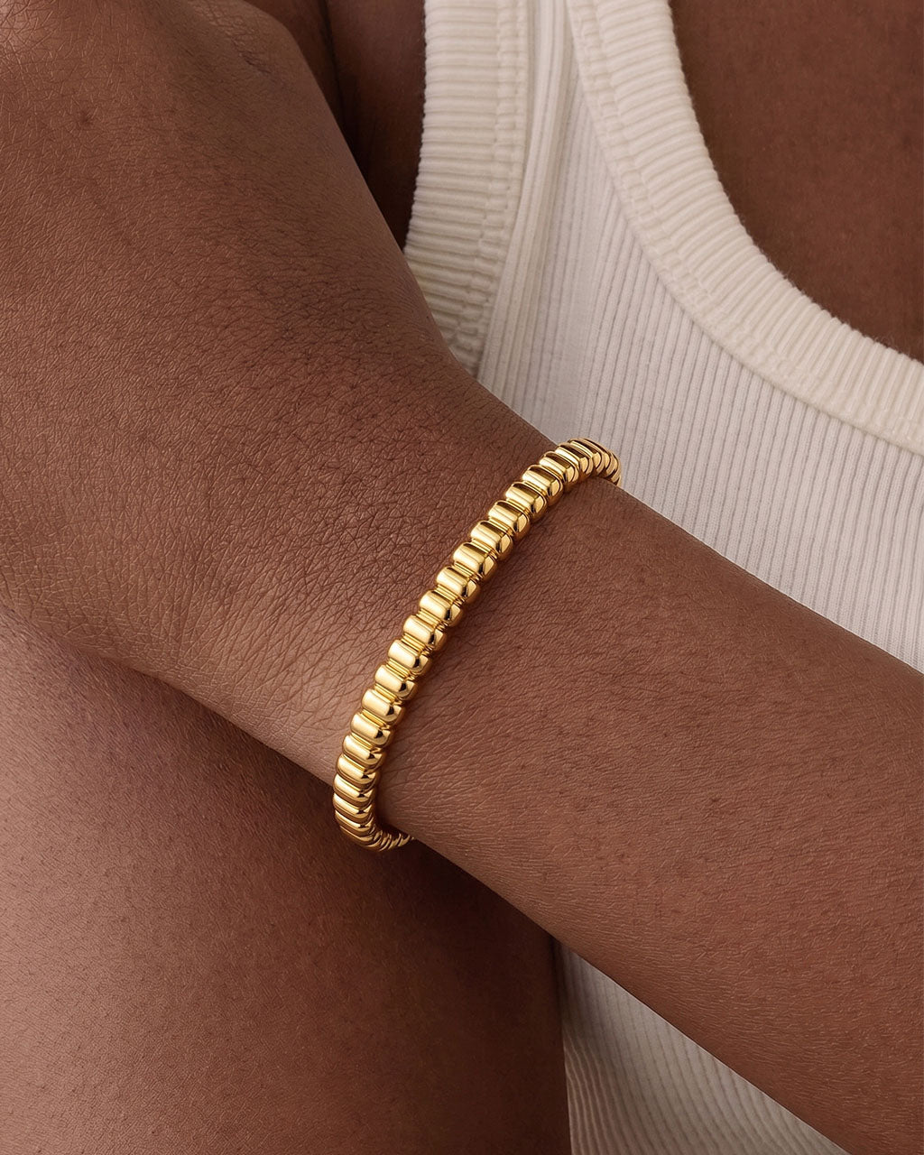 Stacking Rich Ribbed Open Cuff Waterproof Gold Bangle