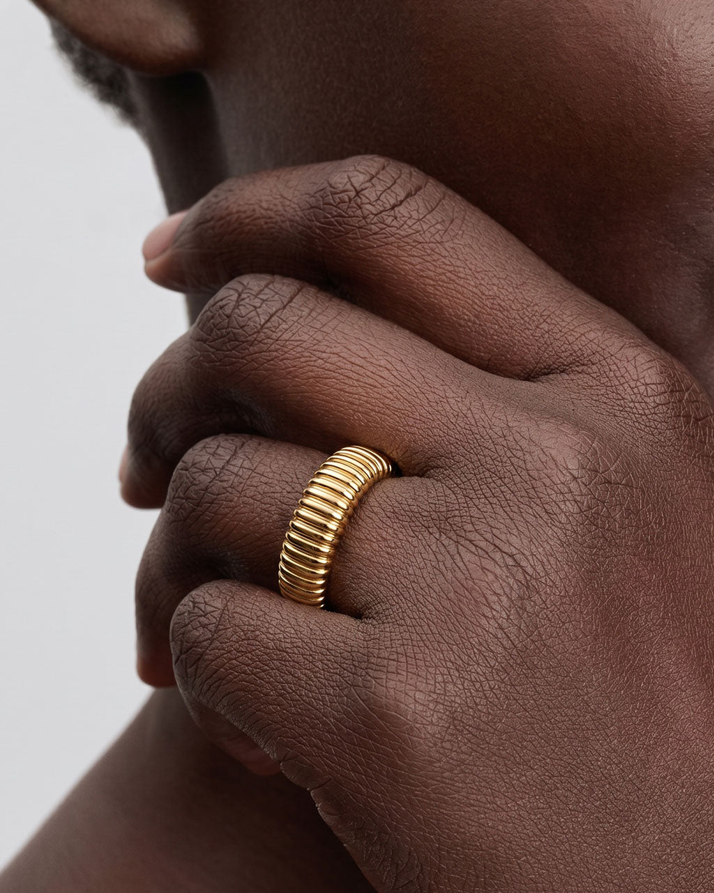 Stacking Rounded Ribbed Band Waterproof Gold Ring