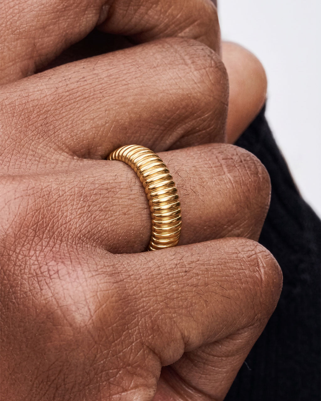 Stacking Rounded Ribbed Band Waterproof Gold Ring