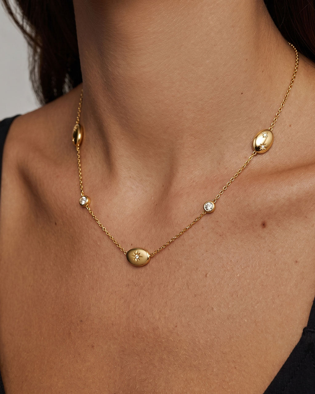 Starburst Pebble Station Waterproof Gold Necklace
