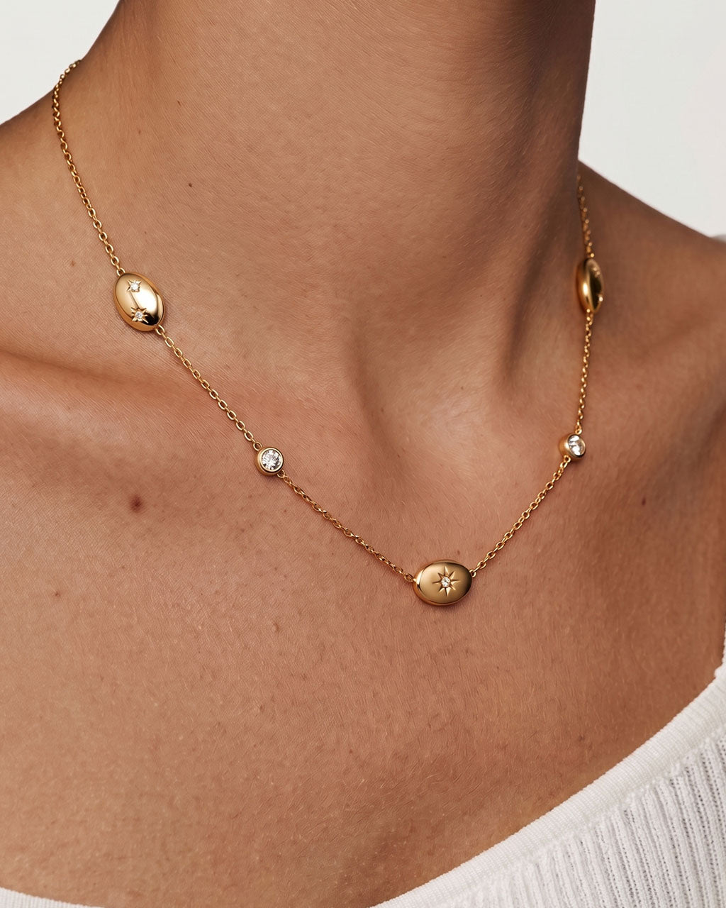 Starburst Pebble Station Waterproof Gold Necklace