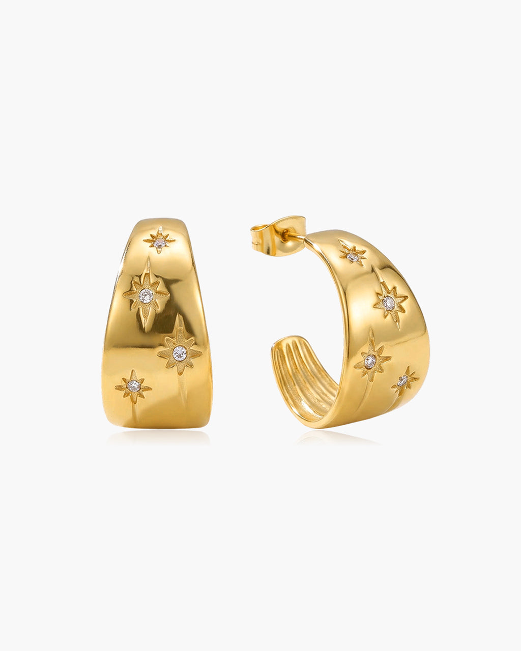 Starburst Wide C Hoop Stud Waterproof Gold Earrings