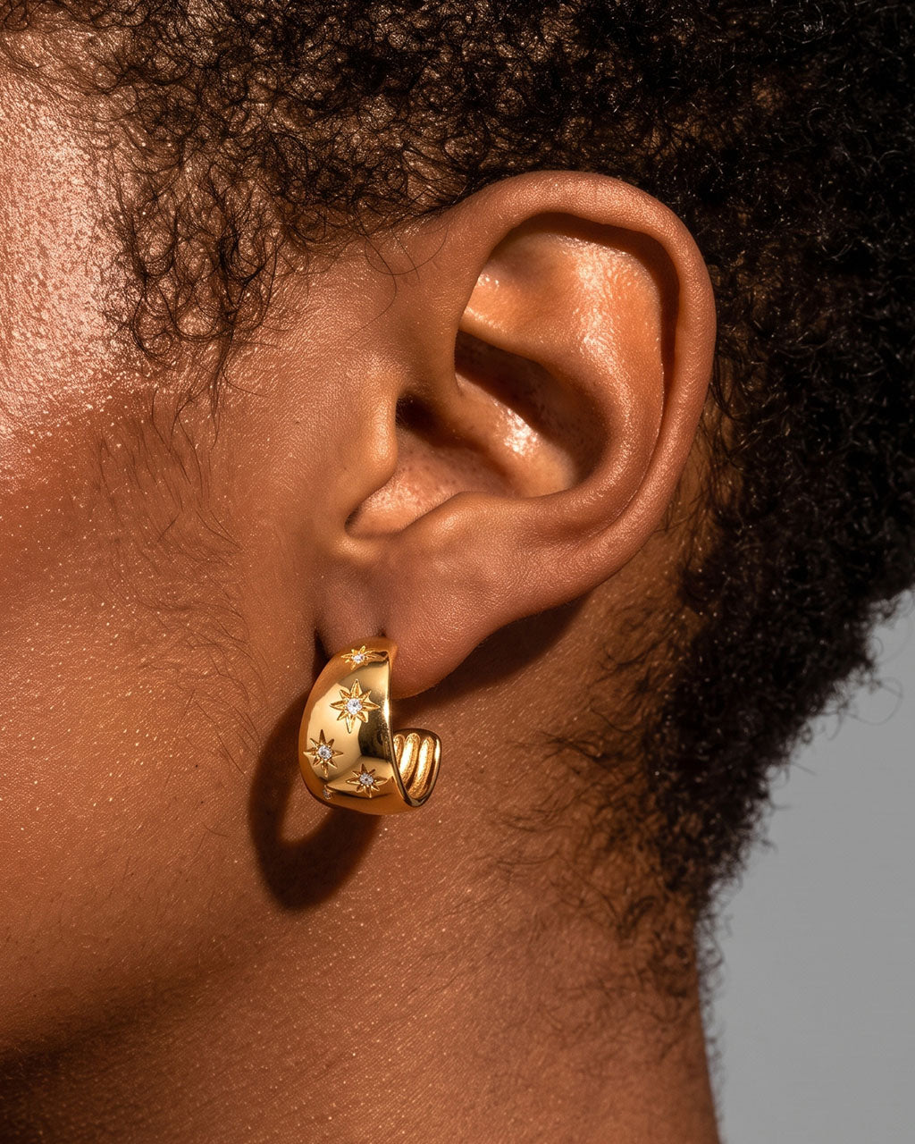Starburst Wide C Hoop Stud Waterproof Gold Earrings