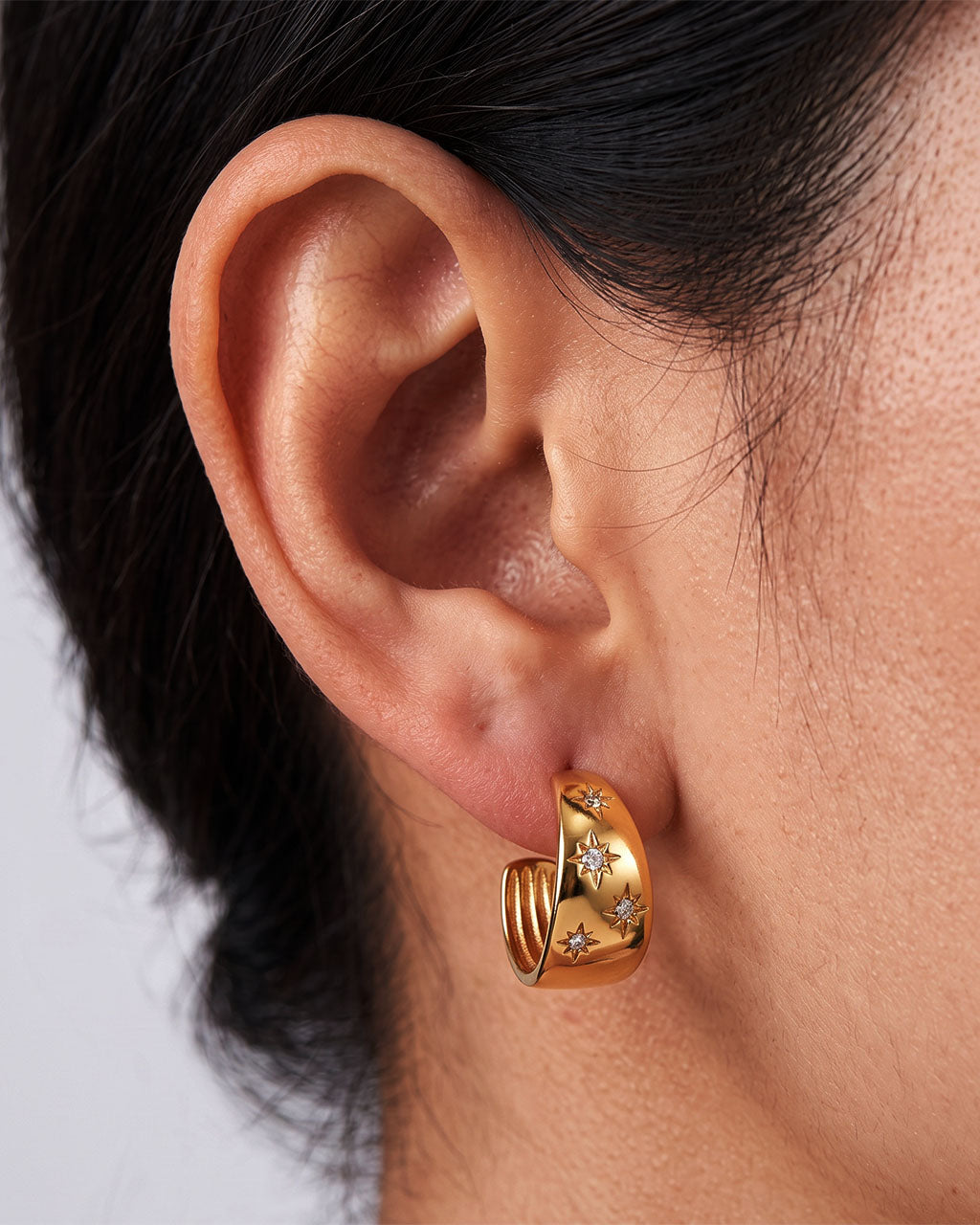 Starburst Wide C Hoop Stud Waterproof Gold Earrings