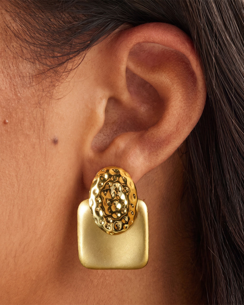 Statement Oval Brushed Stud Waterproof Gold Earrings