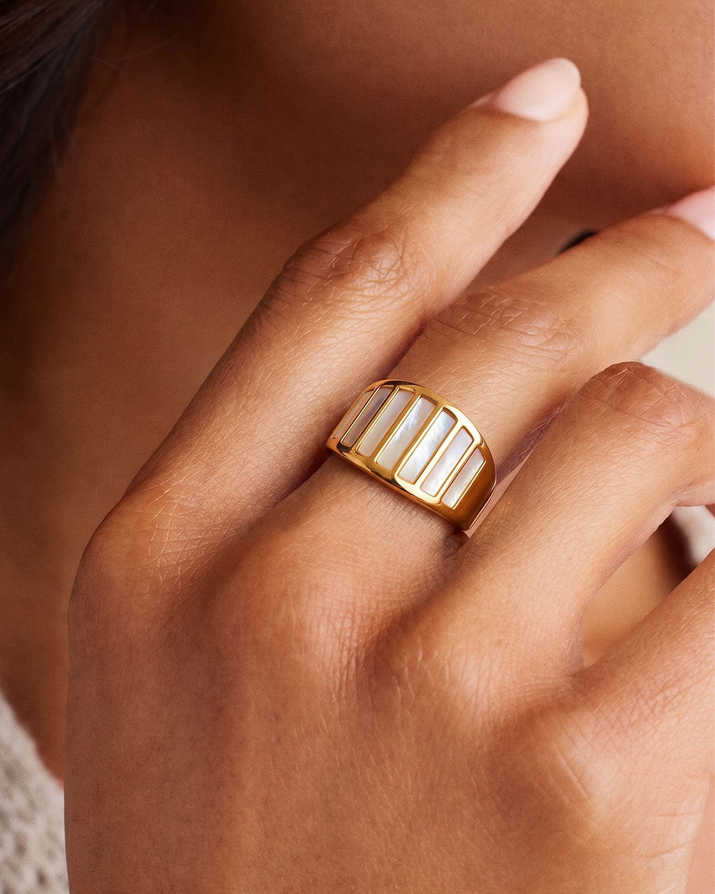 Striped Mother of Pearl Statement Waterproof Gold Ring