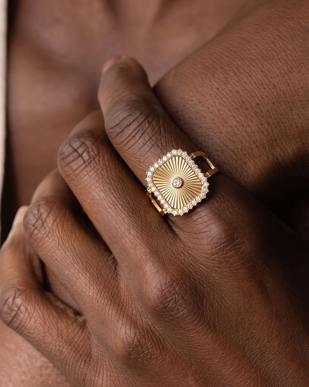 Sunburst Halo Signet Adjustable Waterproof Gold Ring