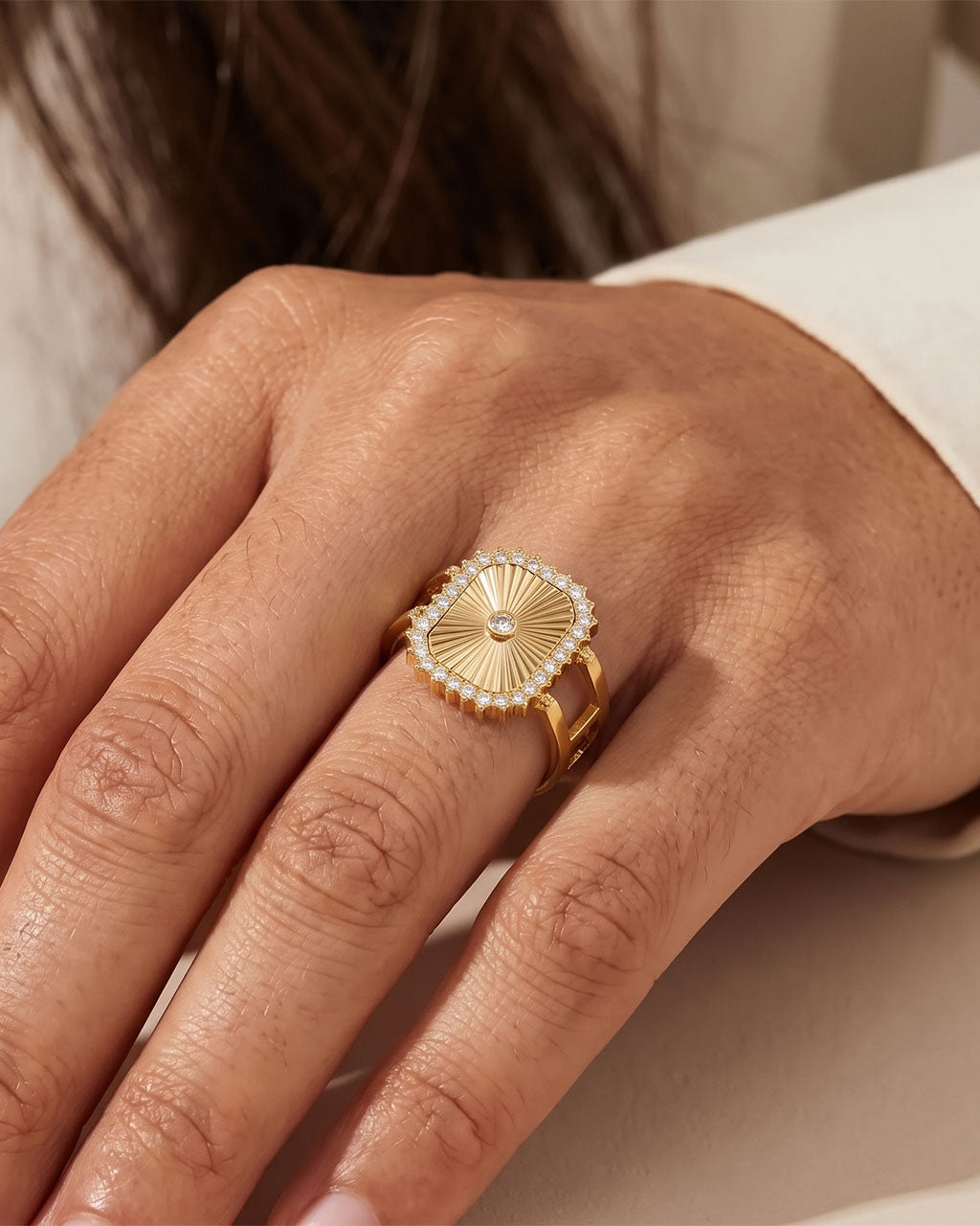Sunburst Halo Signet Adjustable Waterproof Gold Ring