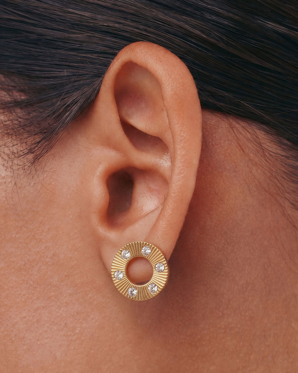 Sunburst Open Circle Stud Waterproof Gold Earrings