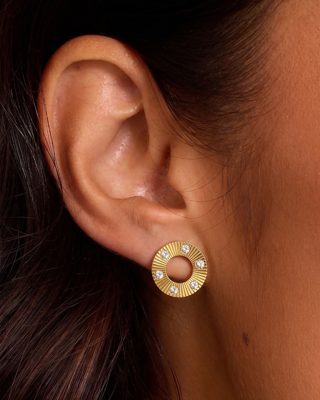 Sunburst Open Circle Stud Waterproof Gold Earrings