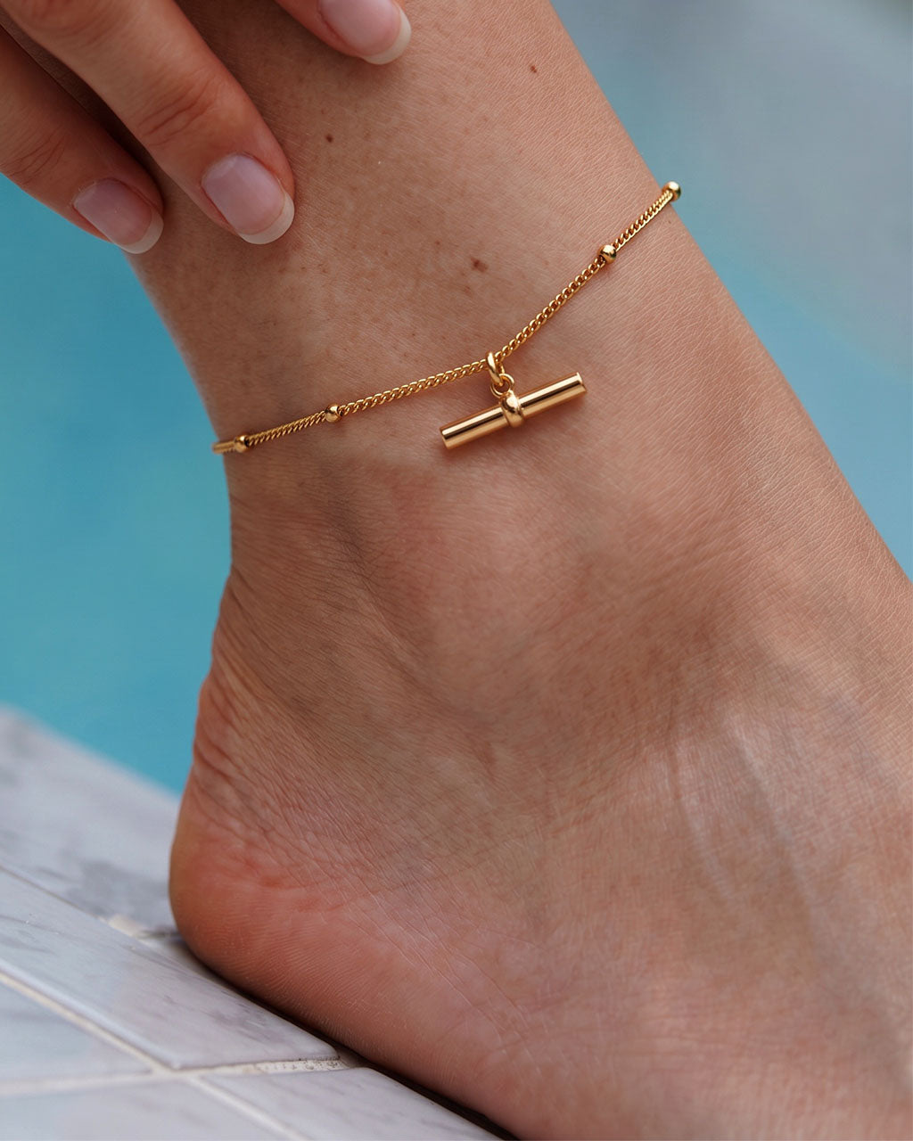 T Bar Charm Station Beaded Chain Waterproof Gold Anklet