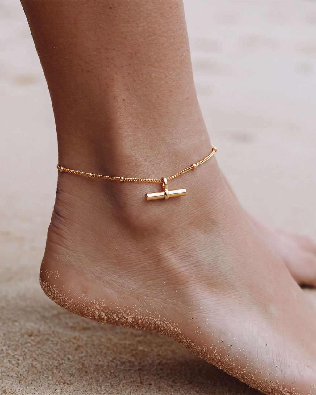T Bar Charm Station Beaded Chain Waterproof Gold Anklet