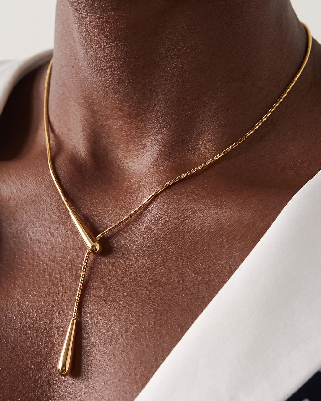 Teardrop Lariat Herringbone Waterproof Gold Necklace