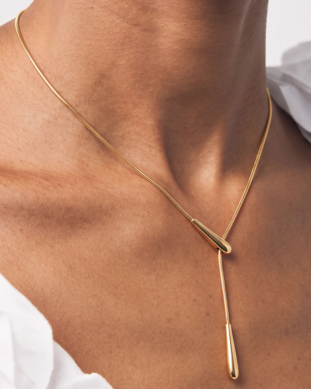 Teardrop Lariat Herringbone Waterproof Gold Necklace