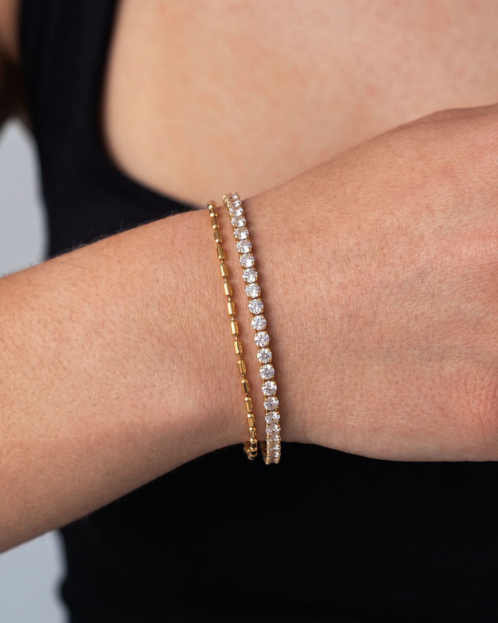 Tennis & Beaded Double Layer Waterproof Gold Bracelet