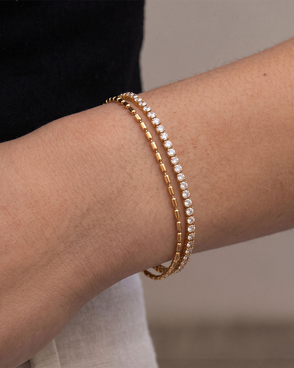 Tennis & Beaded Double Layer Waterproof Gold Bracelet