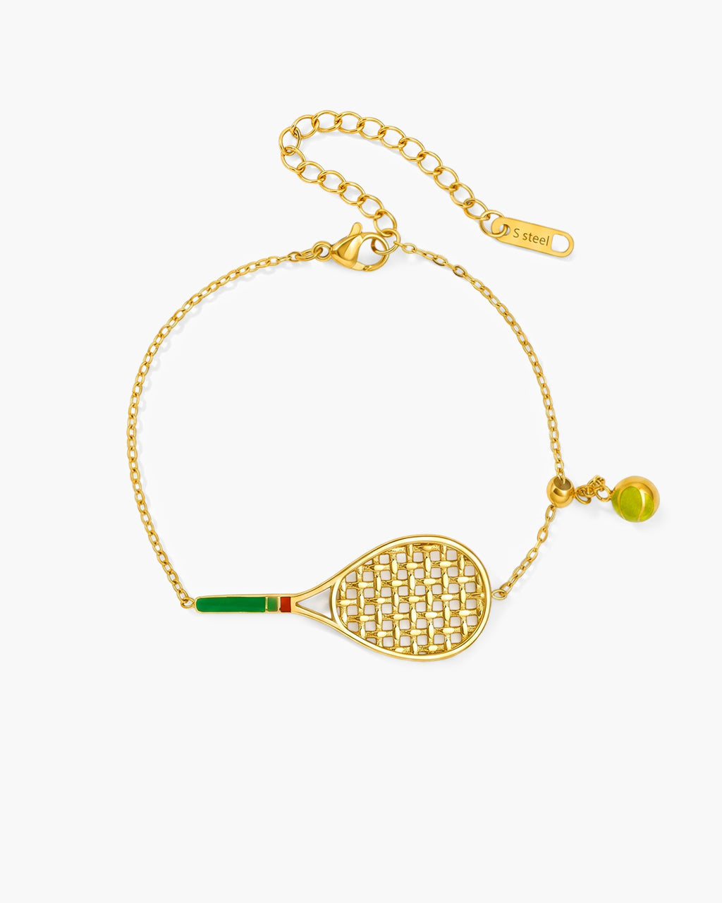 Tennis Racket & Ball Charm Waterproof Gold Bracelet