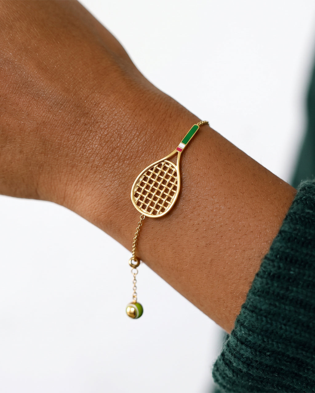 Tennis Racket & Ball Charm Waterproof Gold Bracelet