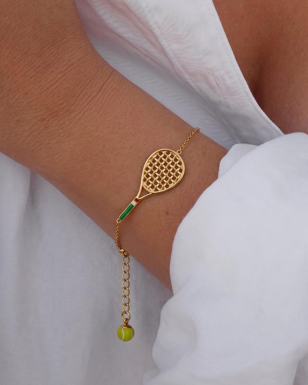 Tennis Racket & Ball Charm Waterproof Gold Bracelet