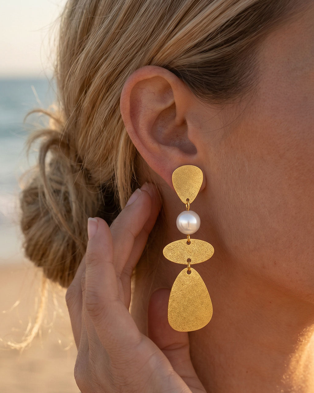 Sculptural Pebble Pearl Drop Waterproof Gold Earrings