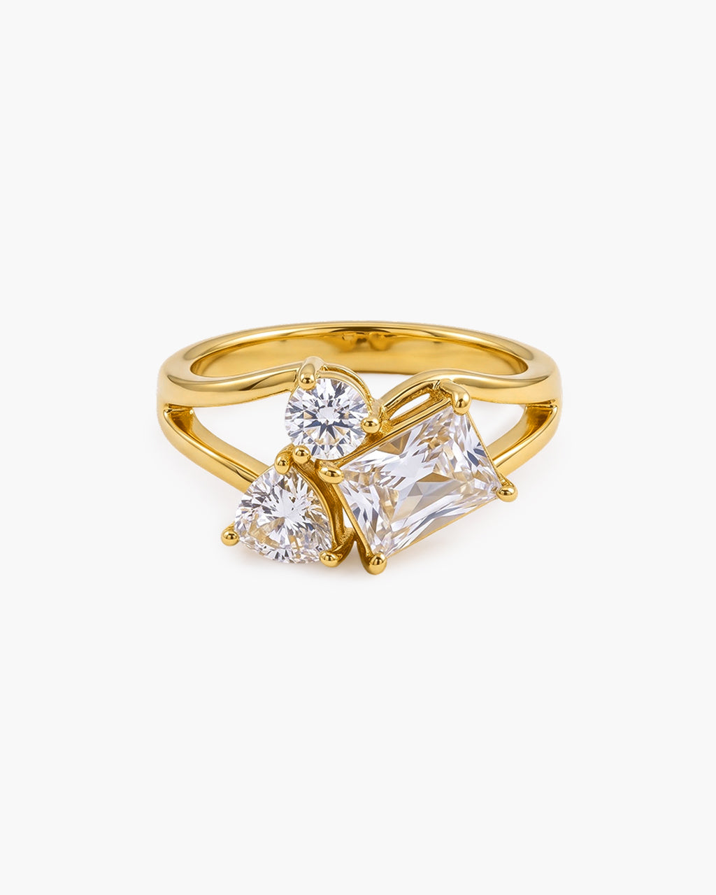 Three Stone Cluster Split Shank Waterproof Gold Ring