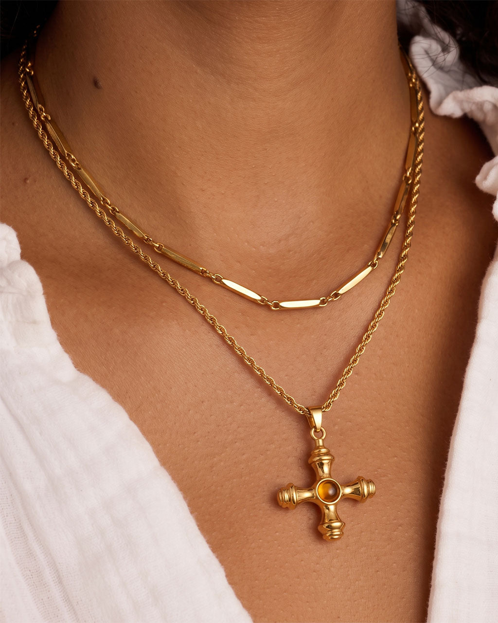 Tiger Eye Cross Rope Chain Waterproof Gold Necklace
