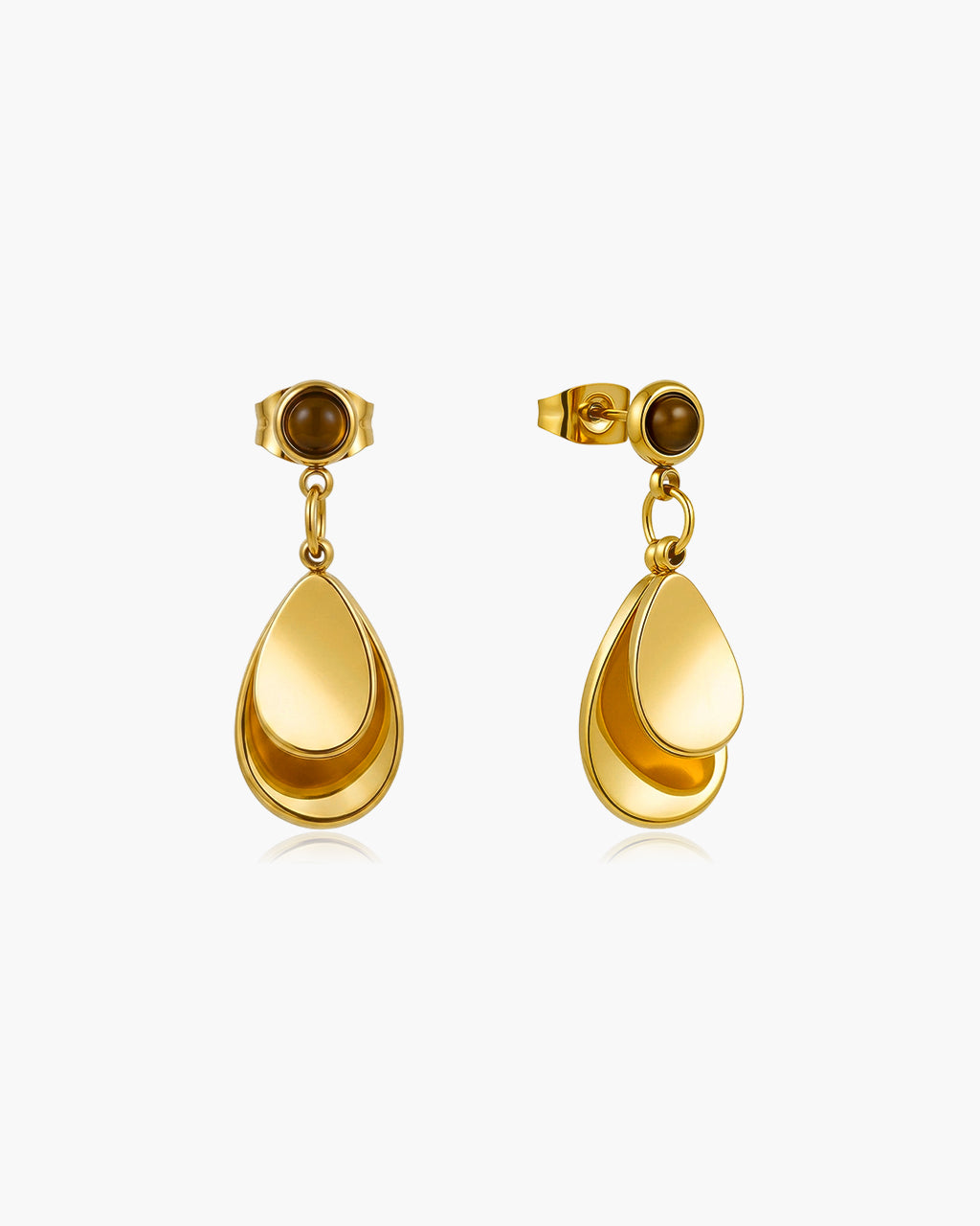 Tiger Eye Layered Leaf Drop Waterproof Gold Earrings