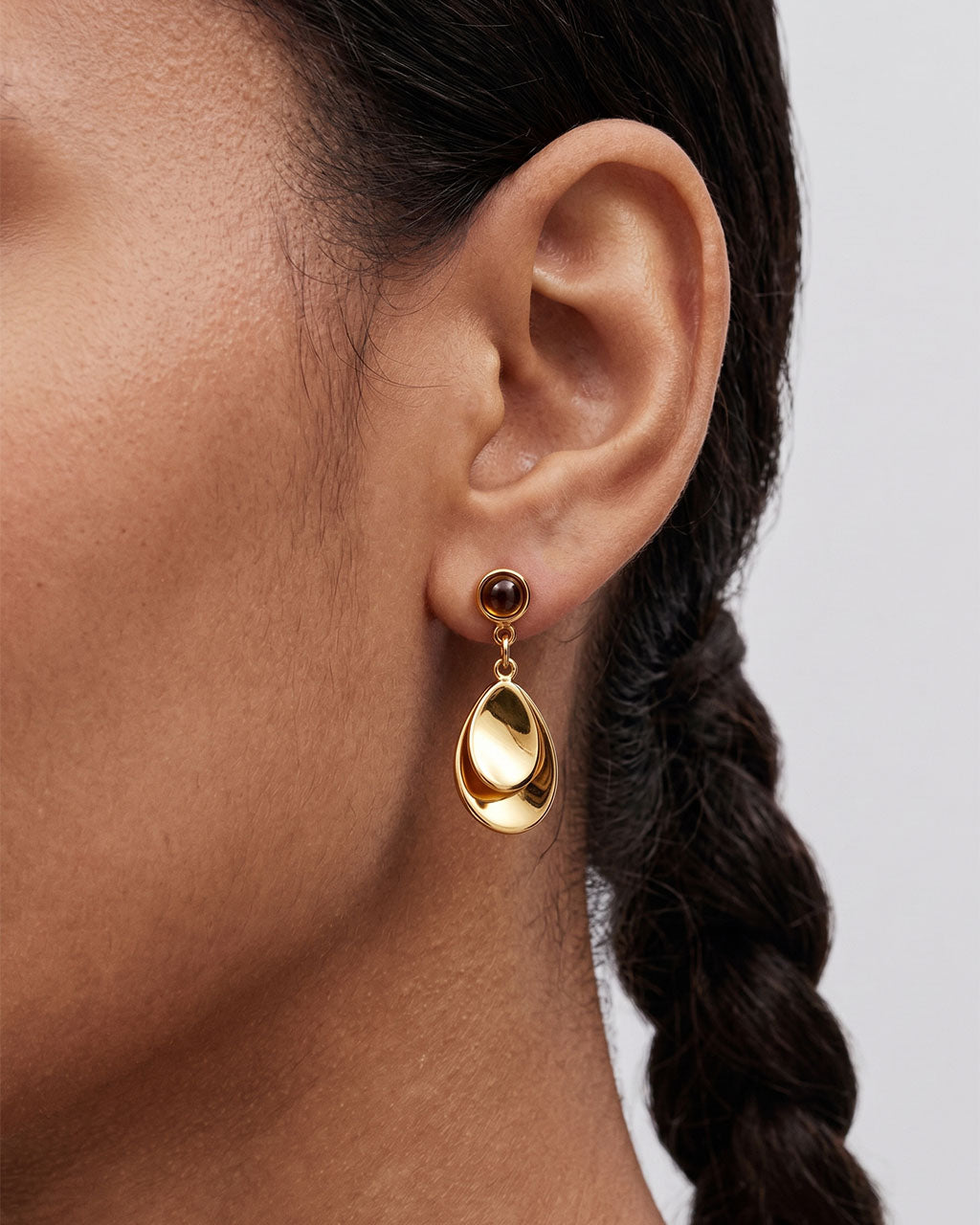 Tiger Eye Layered Leaf Drop Waterproof Gold Earrings