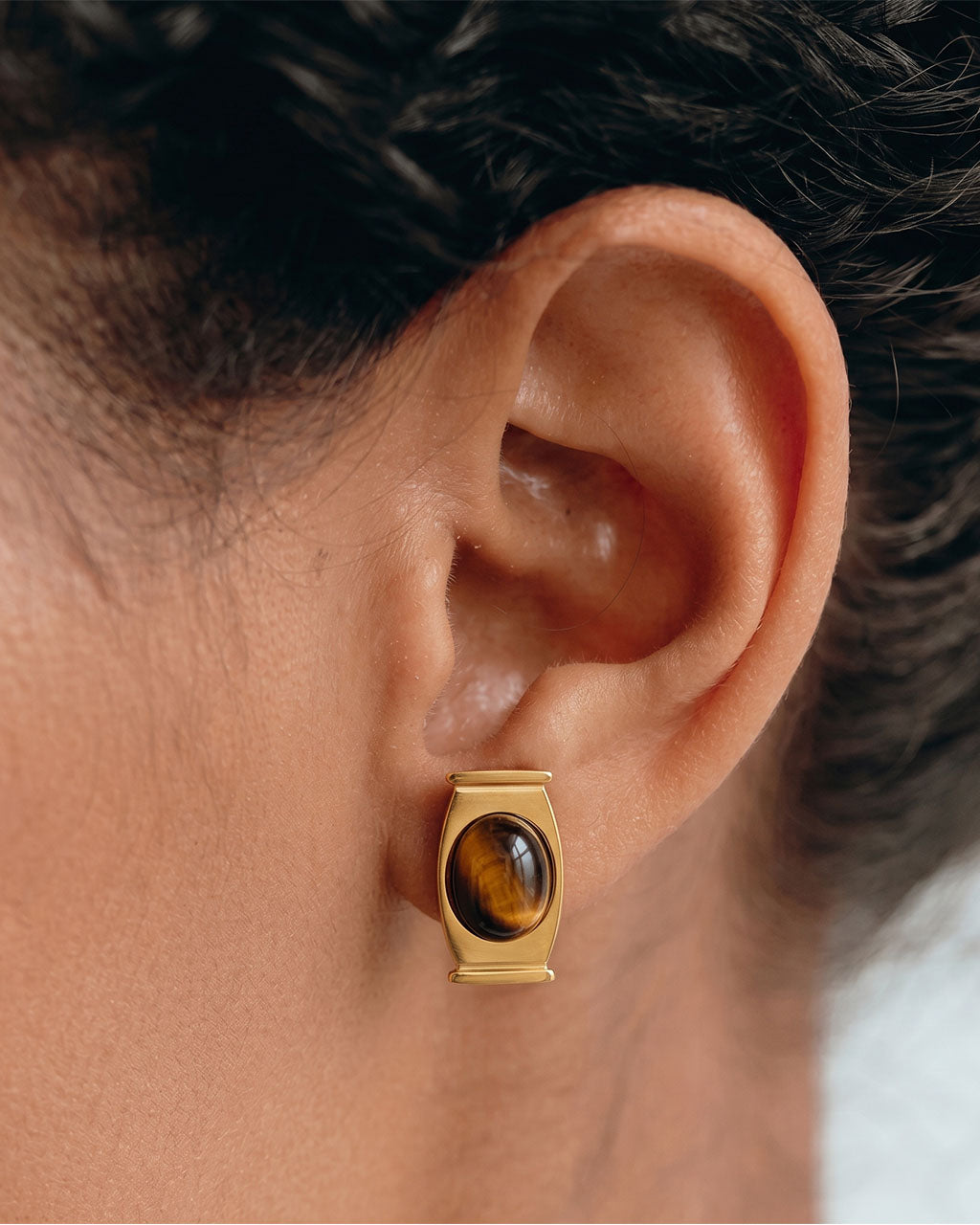 Tribal Tiger Eye Frame Stud Waterproof Gold Earrings