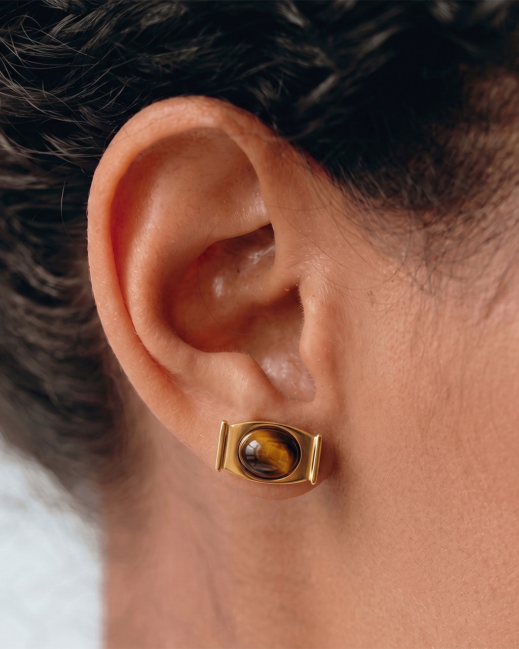 Tribal Tiger Eye Frame Stud Waterproof Gold Earrings