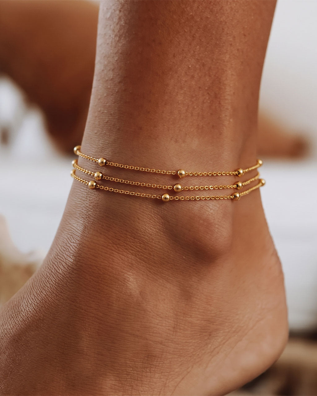 Triple Layer Beaded Station Waterproof Gold Anklet