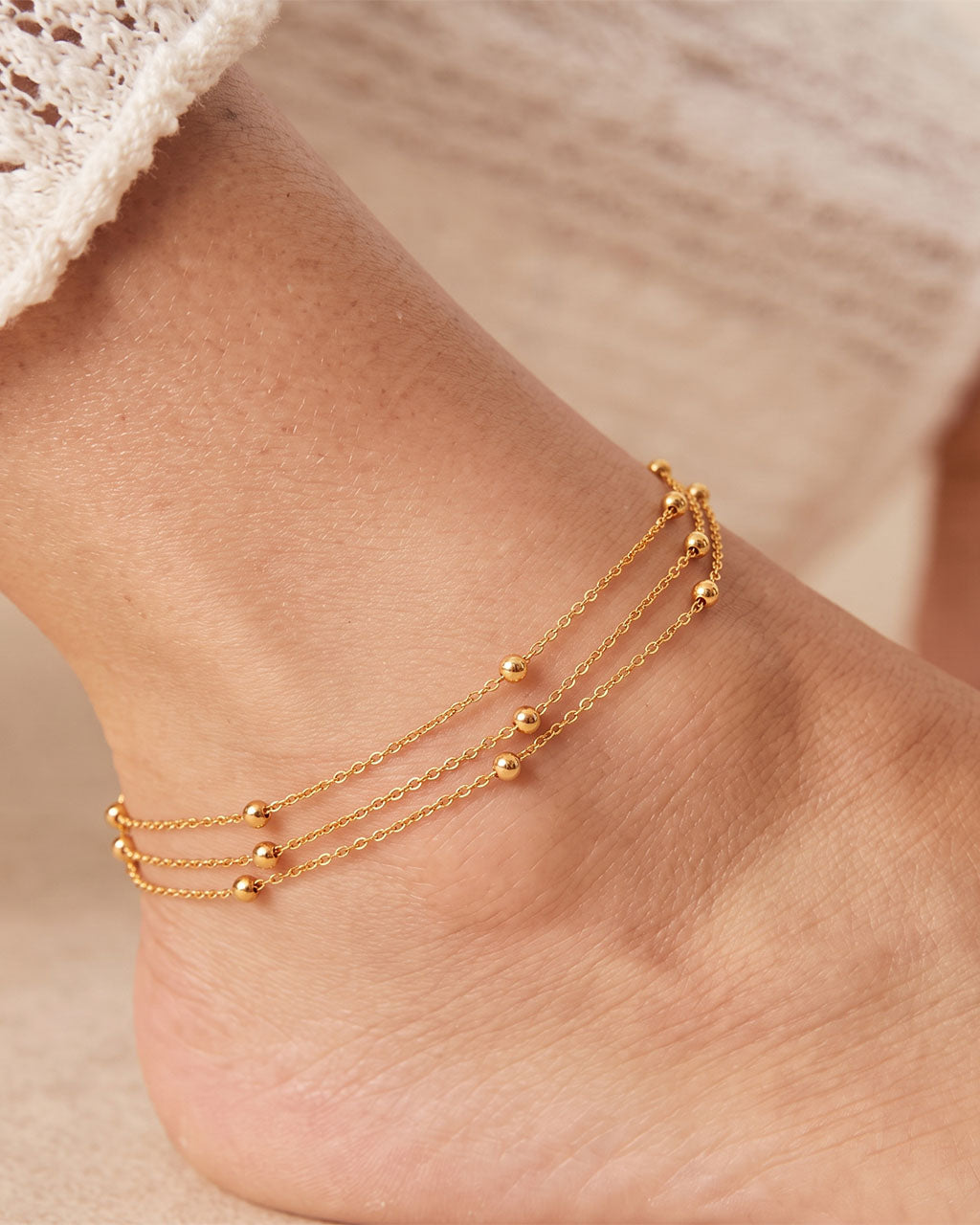 Triple Layer Beaded Station Waterproof Gold Anklet