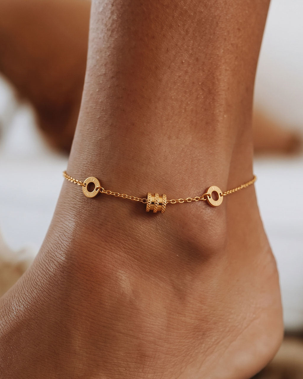 Triple Lucky Bead Roman Numeral Waterproof Gold Anklet