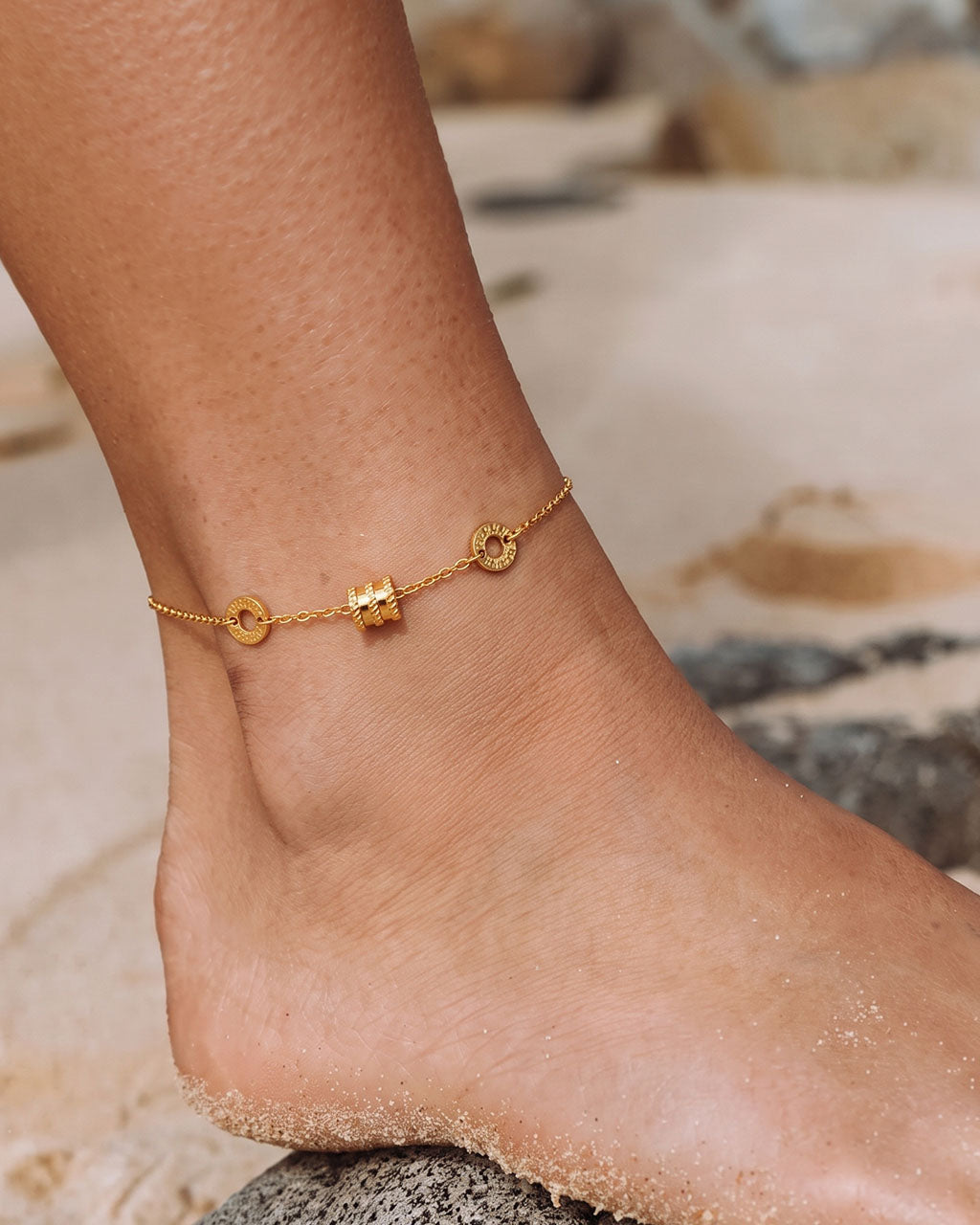 Triple Lucky Bead Roman Numeral Waterproof Gold Anklet