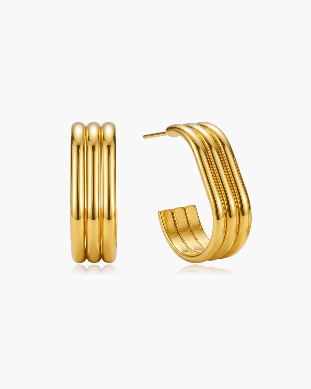 Triple Row Open C Hoop Stud Waterproof Gold Earrings