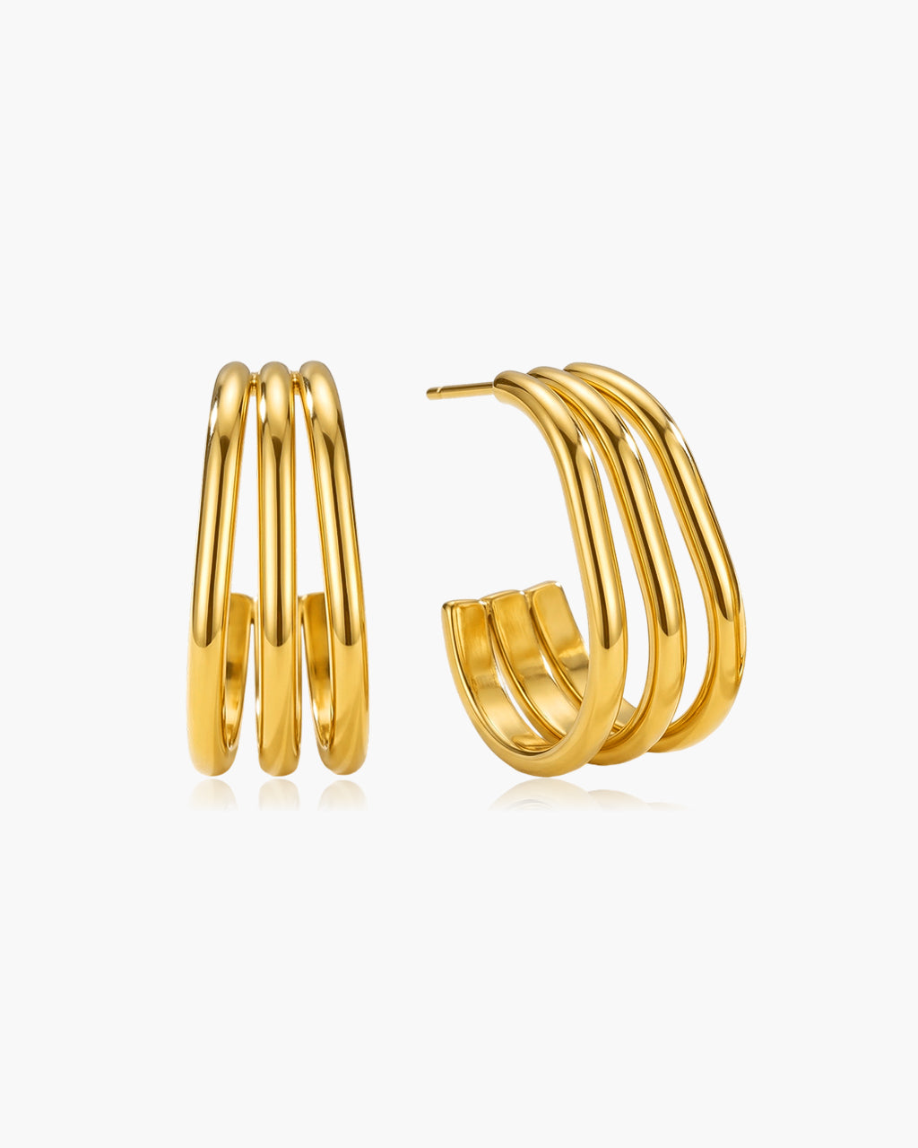 Triple Row Open C Hoop Stud Waterproof Gold Earrings