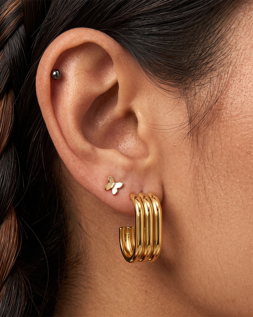 Triple Row Open C Hoop Stud Waterproof Gold Earrings