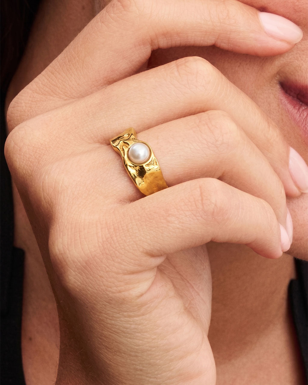 Unique Organic Pearl Wide Band Waterproof Gold Ring