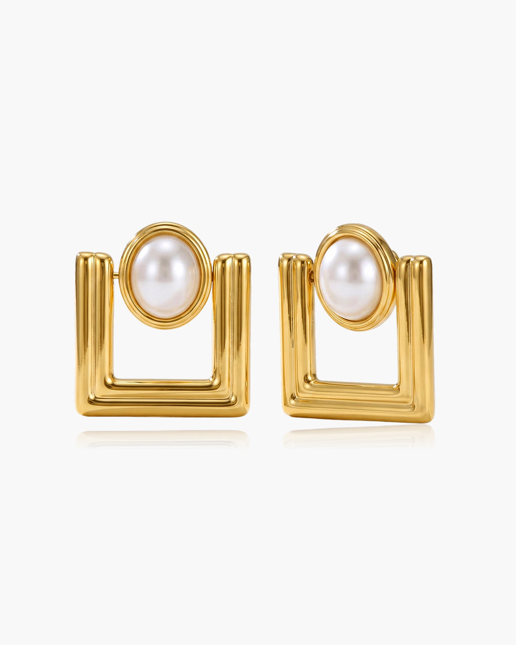 Unique Pearl Dome Square Stud Waterproof Gold Earrings
