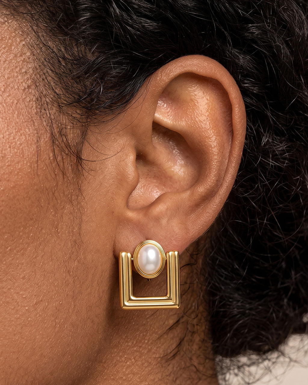 Unique Pearl Dome Square Stud Waterproof Gold Earrings