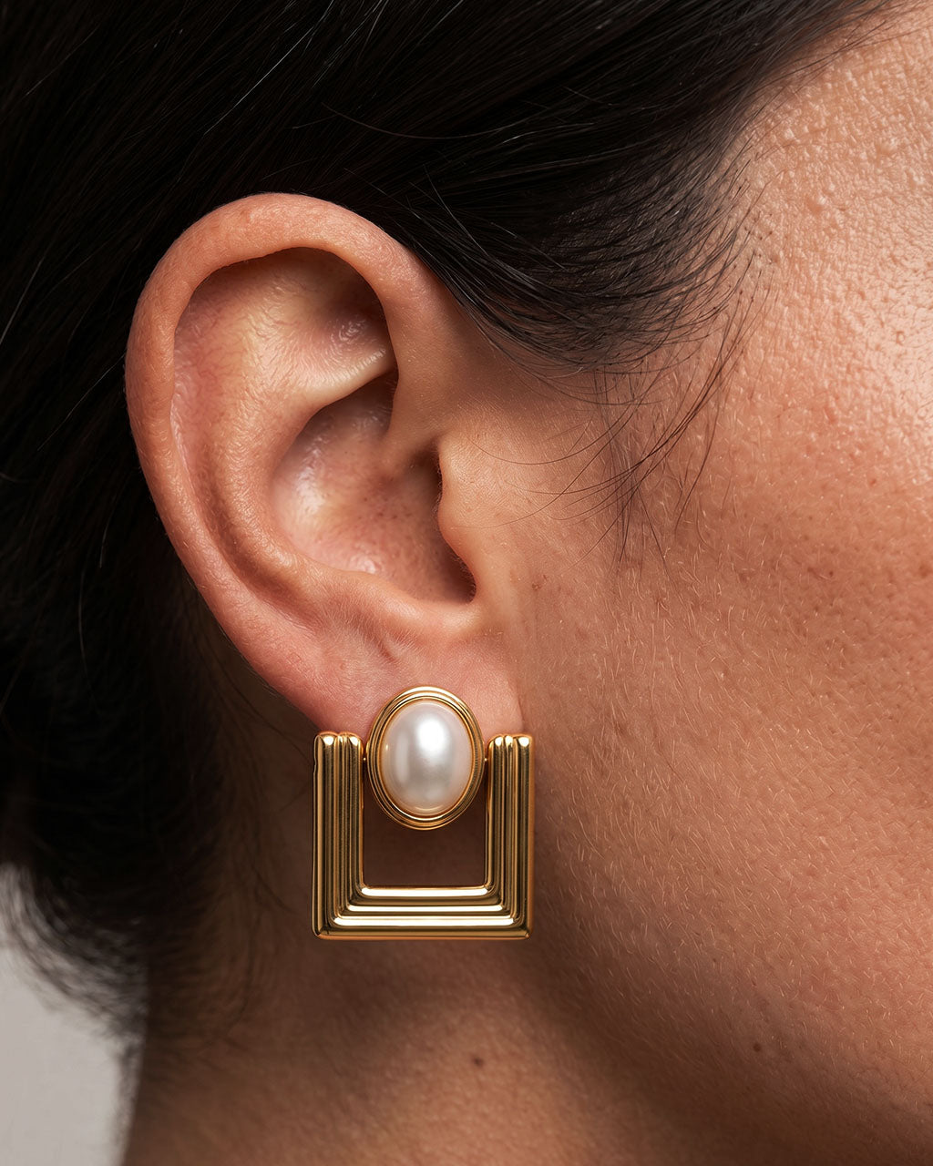 Unique Pearl Dome Square Stud Waterproof Gold Earrings