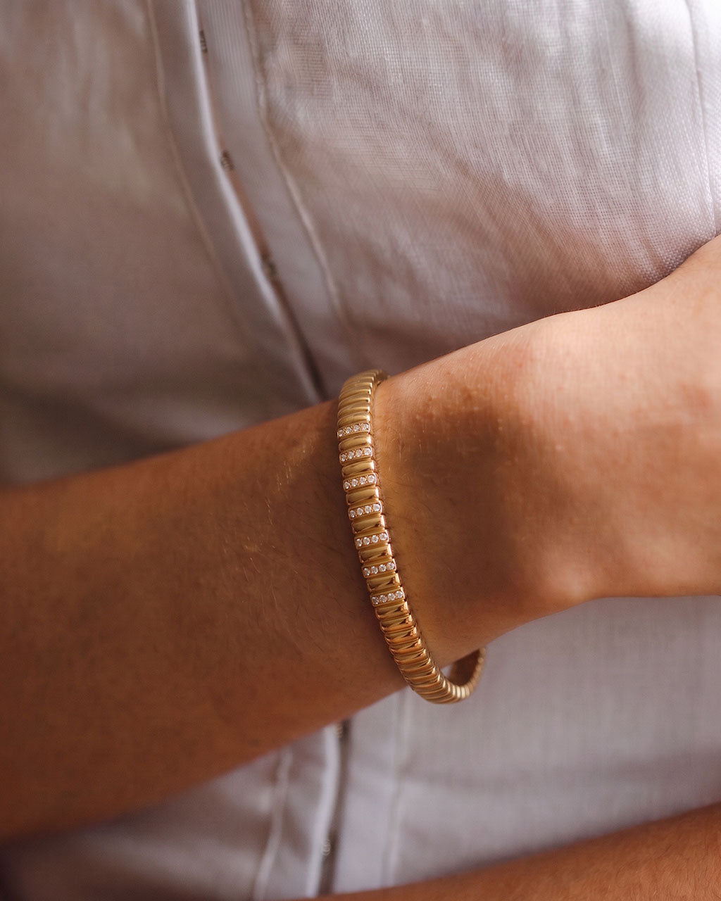 Vertical Pavé Bar Ribbed Waterproof Gold Bangle