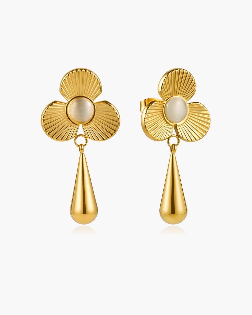 Vintage Cat Eye Flower Teardrop Waterproof Gold Earrings