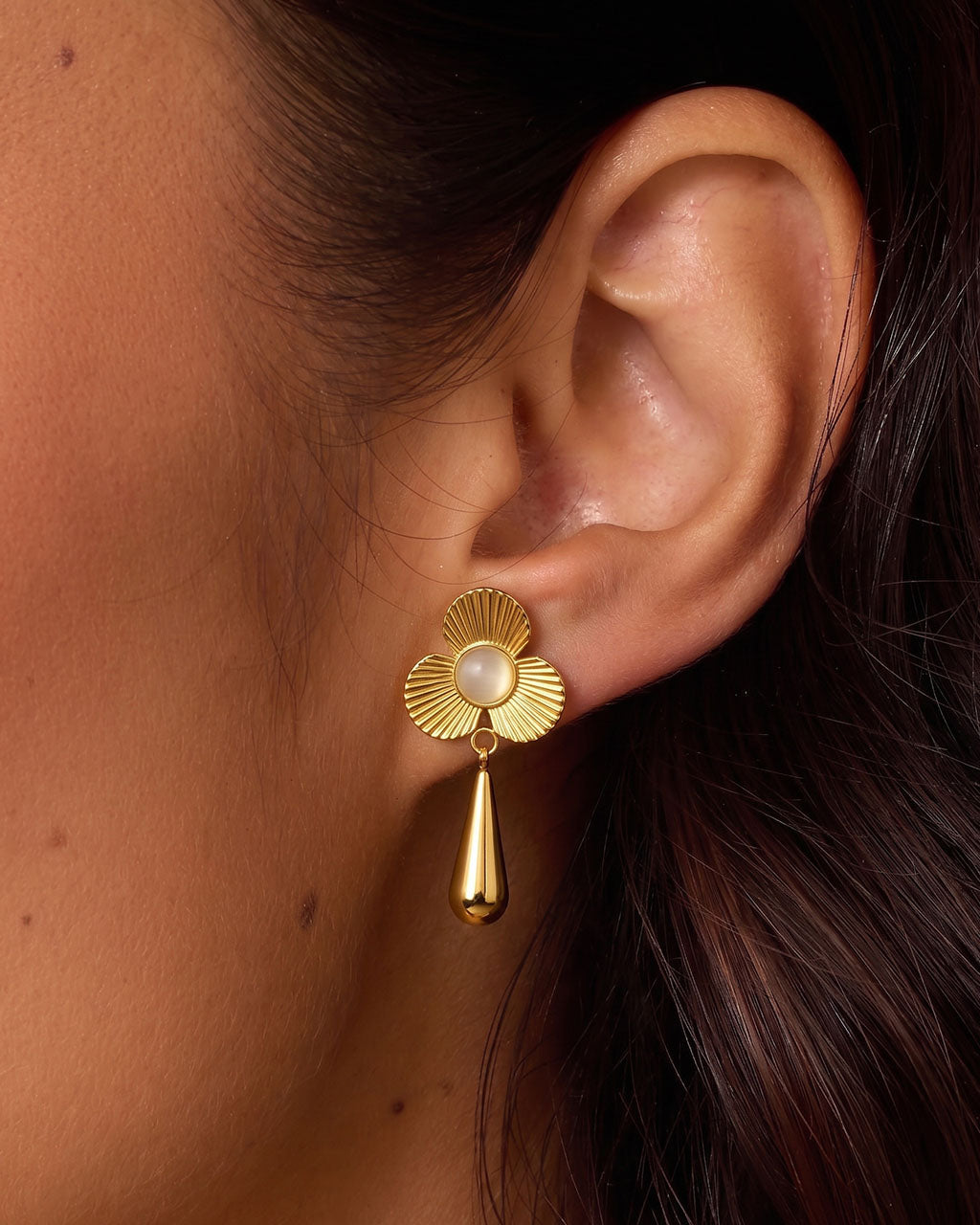Vintage Cat Eye Flower Teardrop Waterproof Gold Earrings