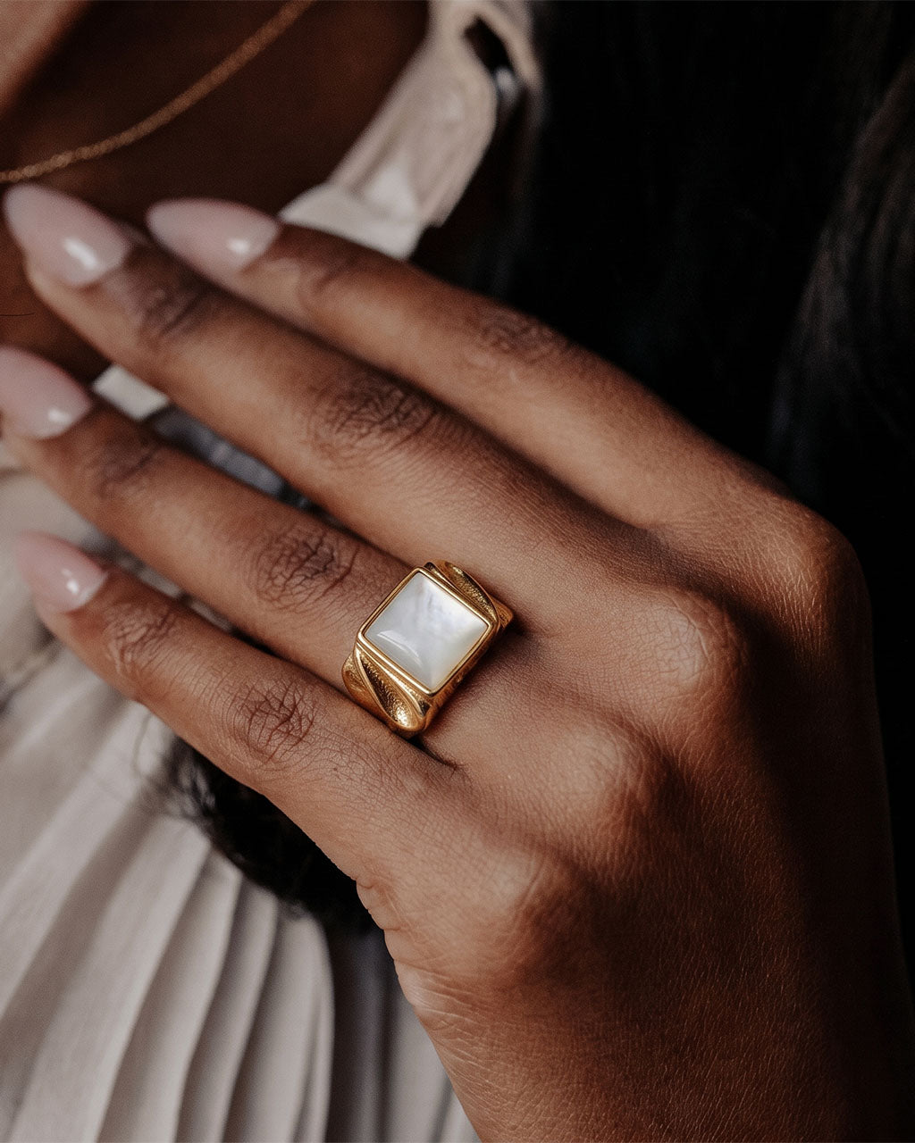 Vintage Mother of Pearl Signet Waterproof Gold Ring
