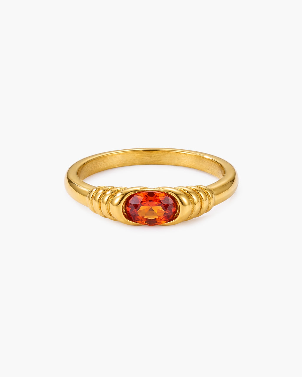 Vintage Oval Cut Stone Ribbed Waterproof Gold Ring