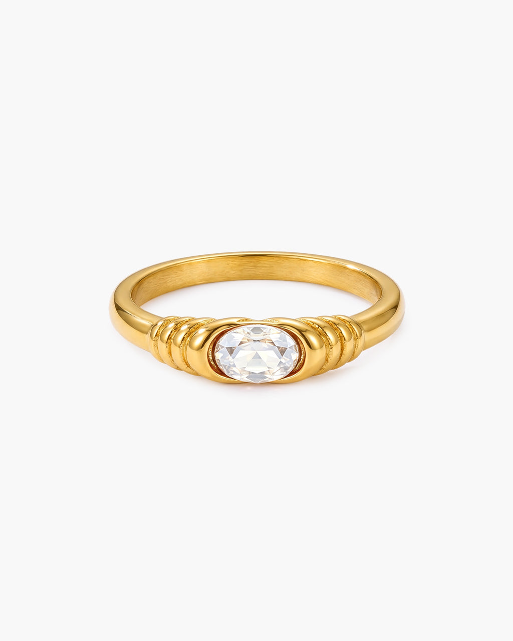 Vintage Oval Cut Stone Ribbed Waterproof Gold Ring